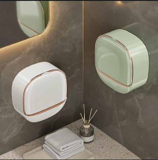 Wall Mounted Soap Holder with Lid and Tray (Comes with Free Self Adhesive Wall Hook