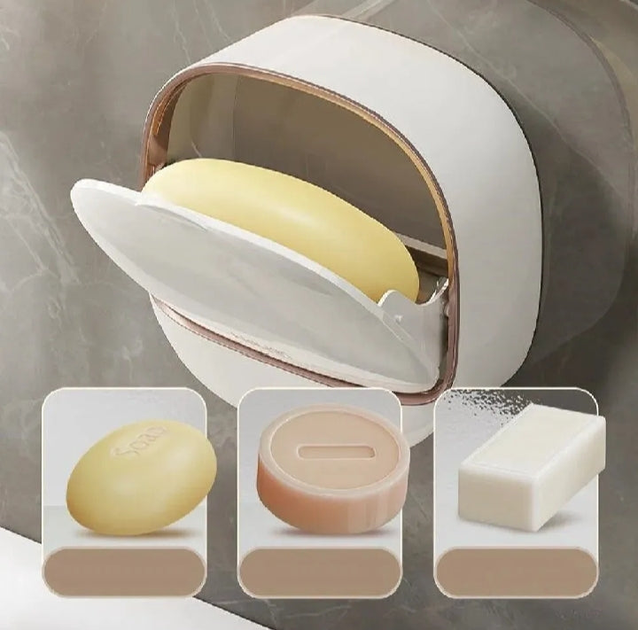 Wall Mounted Soap Holder with Lid and Tray (Comes with Free Self Adhesive Wall Hook