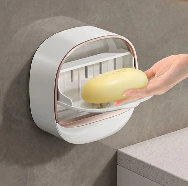Wall Mounted Soap Holder with Lid and Tray (Comes with Free Self Adhesive Wall Hook